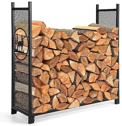 COSTWAY Firewood Rack, Heavy Duty Metal Fireplace Log Holder with Mesh Sides and Anti-slip Foot Pads, Indoor Outdoor Wood Storage Stacking Shelf Stand, 136kg Load Capacity