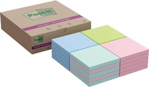 Post-it Super Sticky 100% Recycled Notes, Assorted Colors, Pack of 20 Pads, 70 Sheets per Pad, 76 mm x 76 mm, Blue, Green, Pink Colors - Extra Sticky Notes for Walls, Monitors and Fridge