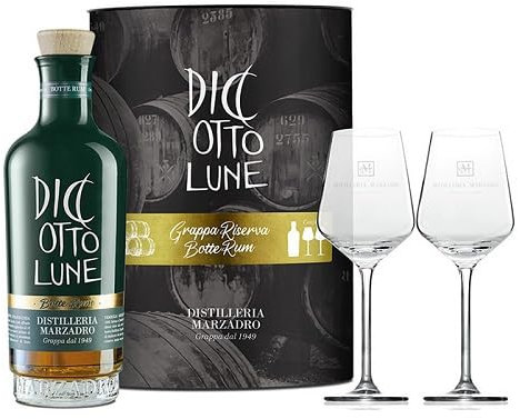 Marzadro Diciotto Lune Riserva Rum – Exklusives Grappa-Geschenkset mit 2 Harmony Gläsern (1 x 0,5l)