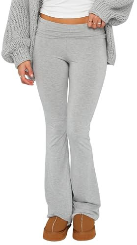 LSFYSZD Damen Yogahose mit umklappbarem Bund, dehnbar, ausgestellte Hose, Leggings, Glockenhose, hellgrau, M