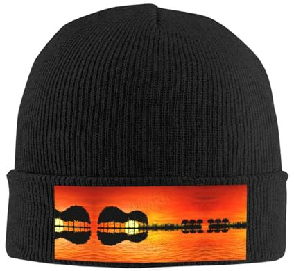 ESASAM Gestrickte Wollmütze Lake Guitar Reflection, modische und warme Wintermütze, geeignet für verschiedene Anlässe, Schwarz , XL-XXL