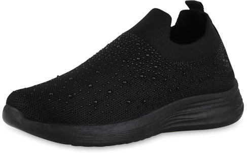 VAN HILL Damen Slip Ons Flach Strass Sportlich Schuhe 214426 Schwarz Robust 38