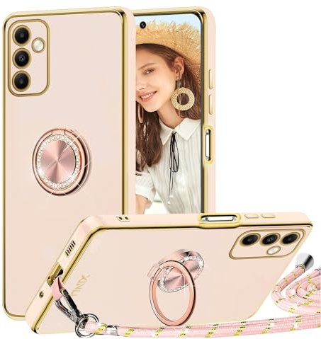 TVVTPU Coque pour Samsung Galaxy A05S avec Cordon et 360 Degrés Anneau Support, Étui Housse Antichoc Souple Silicone TPU Bumper Protection Case avec Amovible Collier, Rose