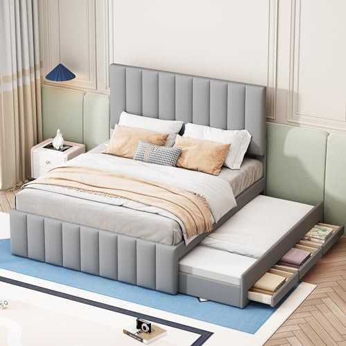 TZCIN Polsterbett 140x200 mit Ausziehbares Rollbett und 3 Stauraum Schublade, Kinderbett Doppelbett Mädchenbett Schlafsofa Tagesbett Jugendbett Gästebett mit Lattenrost, Leinen, Grau, Ohne Matratze