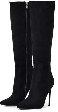 Zhabtuc Stivaletti Alti al Ginocchio da Donna 10 cm Tacco a Spillo Stivali a Punta Larghi al Polpaccio Comodi Stivaletti da Combattimento in Ecopelle, camoscio nero, 38 EU