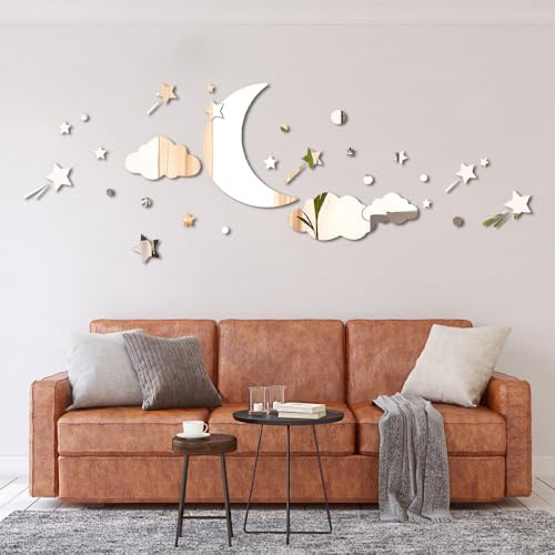Wolke Mond Sterne Spiegel Wandaufkleber, 3D Acryl abnehmbar, Silber