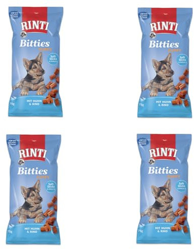 Rinti Bitties Puppy - Huhn & Rind | 4er Pack | 4 x 75 g | Ergänzungsfuttermittel für heranwachsende Hunde | Mit Omega 3 für die Gehirnentwicklung | Ohne Zucker & Soja