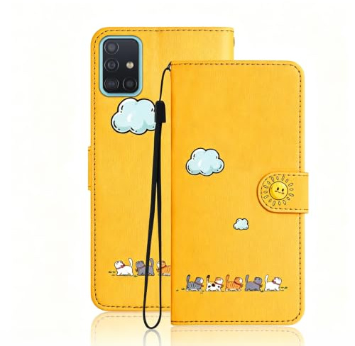 Nbziyoo Cute Cat Flip Wallet Case For Samsung Galaxy A71 4G, Yellow | Magnetic wallet flip case, with stand & card, scratch-proof wear-resistant leather, drop-proof corner guards, wrist strap