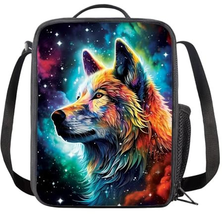 TradesForU Fiambrera escolar Galaxy Night Wolf para niños, contenedor de alimentos, lonchera térmica para adolescentes y adultos, bolsas de almuerzo diarias con asa, bolsillo para botella, bolsas de
