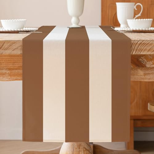 ViaElayu Tischläufer Modern Gestreift Braun Weiß Abwaschbar Winter Landhausstil Frühling Küche Tisch Läufer Wohnzimmertisch Dekoration Outdoor Party Dekor 40 x 140 cm