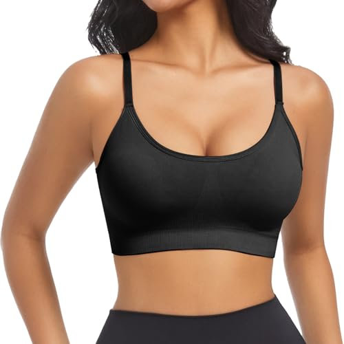 ONEW Damen BH ohne Bügel mit Spaghettiträger Gepolstert Push Up Dessous BH Yoga Bra Nahtlose Cami Bustier Top Schwarz L