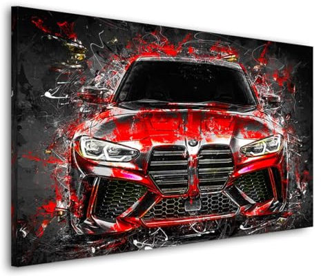 Kunstgestalten24 | BMW M4 Abstrakt Rot Auto Leinwand-Bild | mit Echtholz-Keilrahmen | Leinwandbild Wandbild Gemälde Kunst Art | Hochwertige Kunstdrucke | XXL Bilder auf Leinwand