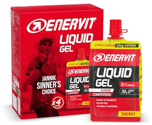 ENERVIT, Gel mit Zitrusgeschmack mit Koffein, ideal für Ausdauersport, liefert 30 g Kohlenhydrate, mit Maltodextrin, Fruktose und Vitamin B1, 4 Stück à 60 ml