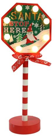 Santa Stop Here Schild, Weihnachtsmann Stop Here Schild mit LED-Lichtern, beleuchtetes Basisschild Stop with Here Santa Stop