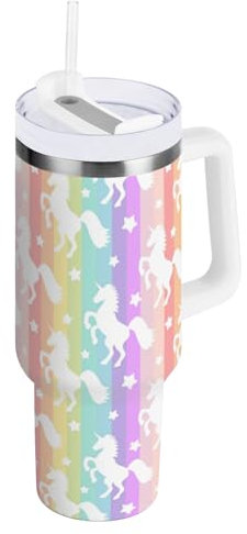 OWFKAY Vaso de café aislado de 40 onzas con tapa y pajilla, botella de agua, vaso de acero inoxidable para hombres y mujeres, idea de regalo única, patrón de unicornio arcoíris 17