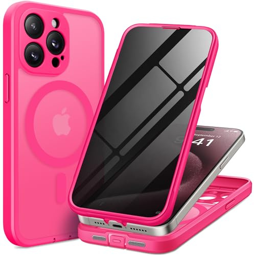 TIESZEN for iPhone 15 Pro Max Case, Compatible with MagSafe, Built-in Privacy Screen Protector and Camera Protection, Anti Spy Full Body Dustproof Shockproof Hard Phone Case 6.7, Hot Pink