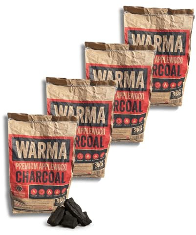 3kg Warma Premium Applewood Lumpwood Charcoal 100% Natural - Long Burning & Low Ash - For BBQ Barbecue Wood fired Pizza Ovens Camping & Outdoor Cooking - 4 x 3kg Bag