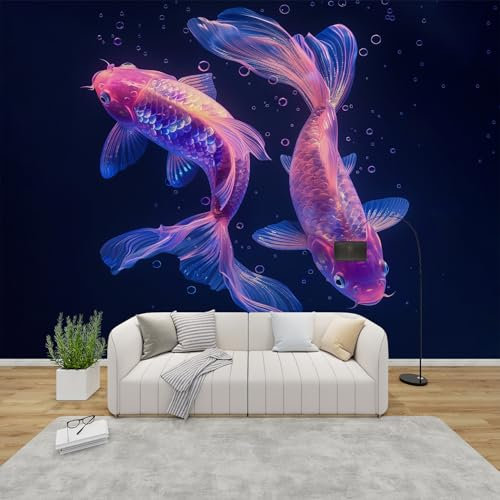 QEODAH Fish Wallpaper for Living Room, Sea Animal Wall Art for Bedroom, Navy Blue Marine Life Wall Murals for Bedrooms, Renter Friendly Removable Waterproof Non-Woven Photo Wallpaper 3D, 100x70 cm