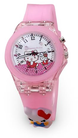 LuminaLux Analoge Quarzuhr für Mädchen, buntes Silikonarmband für Mädchen, Geschenk für 3–10 Jahre, funkelnd, 3D, blinkende LED, Hello Kitty, rosa, verpackt in bunter Box