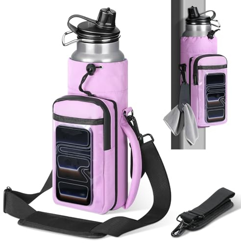 MoKo Magnet Turnbeutel, Magnet Wasserflaschenhalter mit Transparente Handytasche, Eingebaut 4 Magneten Fitness Tasche für Männer Frauen, kompatibel mit Meisten Wasserflaschen, Gym Geschenke, Violett