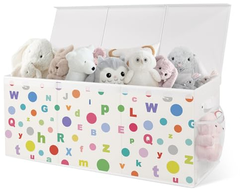 omedecal Large Toy Box Storage, Collapsible Toy Basket with Lids and Mesh Pocket, Cute Kids Storage Boxes for Clothes Book, Toy Chest Organizer for Bedroom Nursery, 95.5 x 32 x 40cm(Polka Dots)