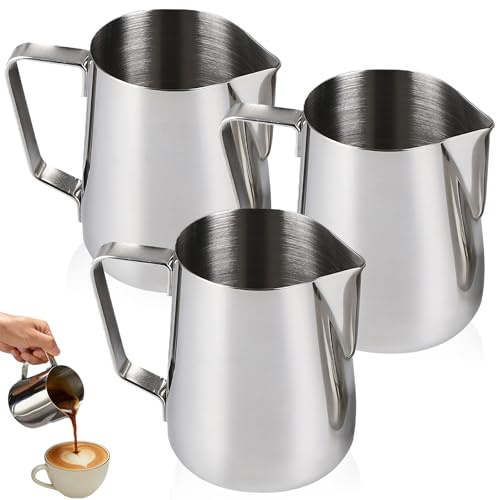 BAIFULAI 3 Stück Milchkännchen Edelstahl 150ml, Milch Pitcher, V-Scharfes Munddesign, Milchkanne Barista, Milchaufschäumer für Cappuccino, Latte Art,Espresso, Perfekt für Kaffeeliebhabe, Silber