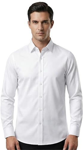 ZHAOCAI Chemise pour homme à manches longues, sans repassage, coupe droite, business, pour le temps libre, chemises slim stretch button down élégantes avec col haut, Blanc, Medium