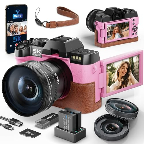 5K&64MP Digital Camera for Photography & Video, 16X Zoom, WiFi, 180° Flip Screen, Autofocus, Anti-Shake, Wide-Angle & Macro Lens, Built-In Fill Light, Webcam Mode, PU Leather Case(Pink)
