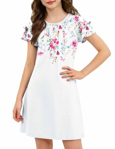 Arshiner Vestidos de Verano para niña, Plisados, Mangas onduladas, Estampados, Elegantes, para Fiestas, Informales, de Manga Corta, Corte A, Blancos, para niñas de Las Flores, Talla 150, 11-12 años