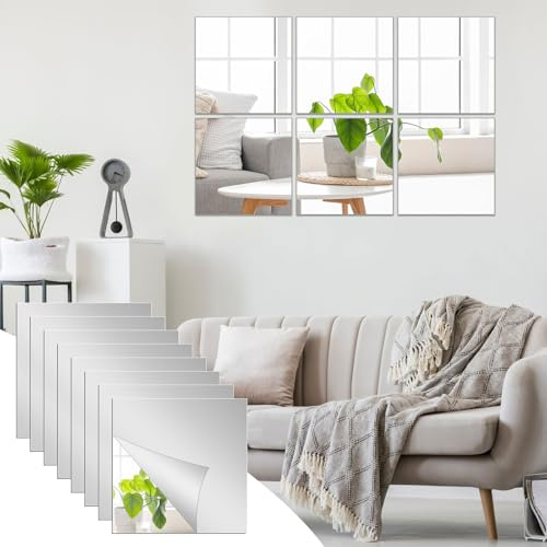 QEEYON 16 Stück Selbstklebende Acrylspiegel 2 mm 20 x 20 cm für Bad | Selbstklebende Spiegelfolie, Bruchsicher & Einfach Anzubringen für Wohnzimmer Schlafzimmer, Schränke Und Glatte Oberflächen