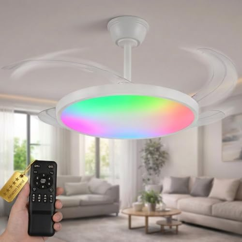 Ventilador de Techo con Luz RGB Retractil | Lampara LED con Aspas Transparantes | Motor DC Ultra Silencioso 30W, 6 Velocidades, Función Verano/Invierno, Temporizador | Para Salón y Dormitorio (108 CM)