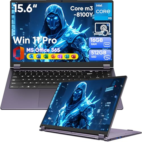 Brhona PC Portable 2-en-1 15,6 Tactile Yuga - Win 11 Pro 16 Go RAM 512 Go SSD m3-8100Y (3,40 GHz) Office 365 Ultra-Fin avec Clavier Rétroéclairé, Wi-FI 5, Bluetooth 5.1, Port RJ45
