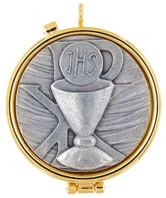 SHALOM - Teca con Placca in Peltro Raffigurante Calice. Diametro 4 Cm