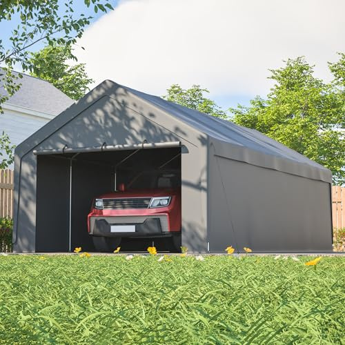 Schwerlast-Carport 13'×25' Grau mit PE-Rattan-Eisen-Rahmen & wasserdichter UV-beständiger Plane, Rollup-Fenstern und abnehmbaren Wänden