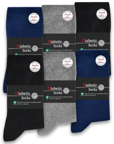SockWaddles Diabetic Socks for Men Women, 6 Pairs Soft Top Cotton Crew Socks – Seamless Design for Swollen Feet & Ankles, Loose Comfort Fit, Multicolor 9-11