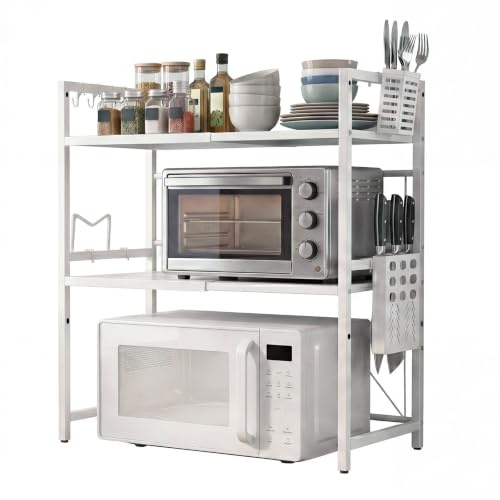 TOQUE Expandable Microwave Shelf for Cluttered Kitchens 3-Tier, Height & Width Adjustable, Kitchen Counter Organiser with Hooks, Knife Holder, Chopping Board Rack, Cutlery Box, White