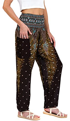 Lofbaz Damen Haremshose Yogahose Pumphose Hippie Hose Boho Kleidung Festival Outfit Sommerhose Leicht Sommer Hosen - Peacock 1 Braun XXL Große Größen