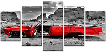 Visario 200 x 100 cm Bild auf Leinwand Auto rot Wüste 6307-SCT deutsche Marke und Lager - Die Bilder/das Wandbild/der Kunstdruck ist fertig gerahmt