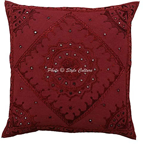 Stylo Culture Indio Fundas Almohadones Decorativa 60x60 cm Algodón Espejado Fundas para Cojines Sofa Granate 24x24 Inch Bordado Cuadrado sobre Fundas De Almohadones para Cama - 1 Pc