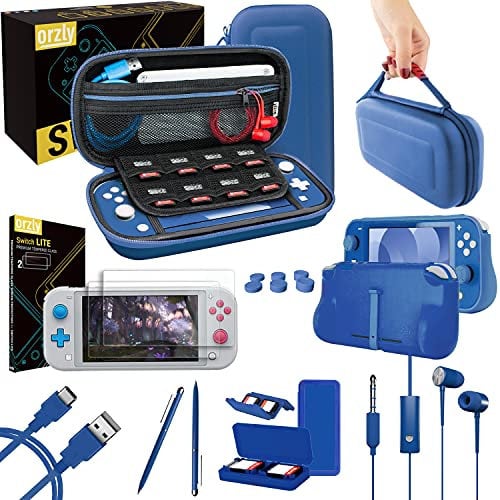 Orzly Switch Lite Accessories Bundle - Case & Screen Protector for Nintendo Switch Lite Console, USB Cable, Games Holder, Comfort Grip Case, Headphones, Thumb-Grip Pack & More - Blue