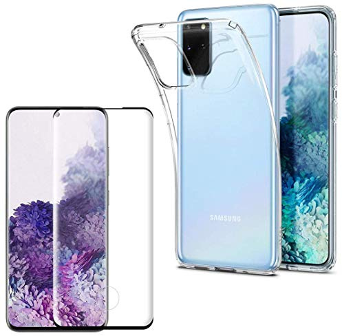 PHONILLICO Coque pour Samsung Galaxy S20 Plus + Verre Trempé Integral Bord Noir Film Protection Ecran - Housse Etui Gel TPU Silicone Transparent Souple Ultra Mince Anti Choc