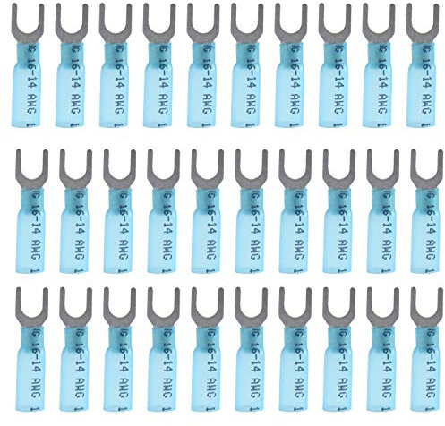 CEEYSEE 50PCS Heat Shrink Fork Connectors M5 Blue 16-14 AWG Insulated Electrical Wire Crimp Connectors Terminal(RFL)