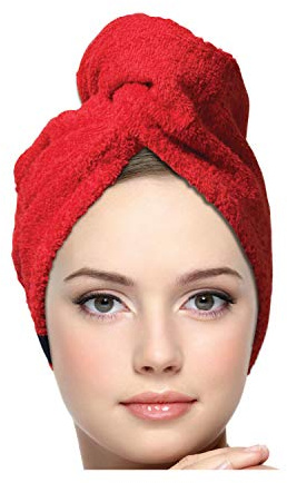 KEEPOZ Hair Towel Wrap Quick Dry 100% Cotton Super Absorbent Turban Head Wrap for Women with Button, Non Microfiber Anti Frizz Hair Products, Hair Cap for Curly, Long & Thick Hair (1pc) (RED)