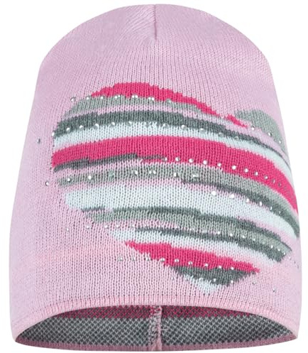 AJS Mütze Übergangsmütze Strickmütze Mädchen Kindermütze Strasssteine Herz Beanie, Farbe: Rosa - E