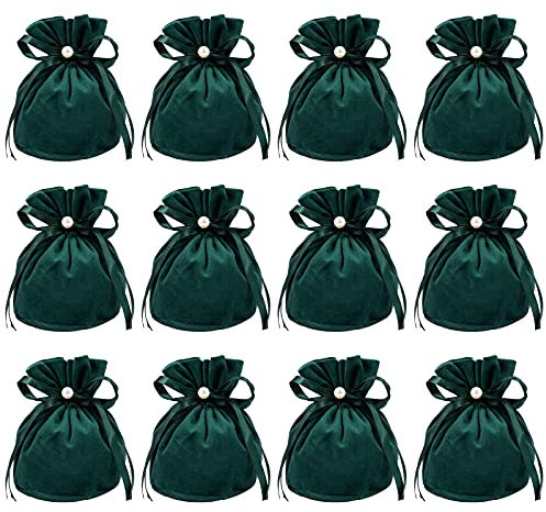 NBEADS 12 Stück Samtbeutel, Samt Kordelzugbeutel Schmuckbeutel Kunststoff imitat Perlen Geschenktüten Für Weihnachten Hochzeit Geburtstag Party Favors, Dunkelgrün, 13.2x14 cm