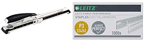 Leitz Langarm-Büroheftgerät aus Metall, Für 40 Blatt, Inkl. Heftklammern, Schwarz, NeXXt-Serie, 55600095 & Power Performance Heftklammern P3 (24/6), 1000 Stück, Verzinkt, 55700000