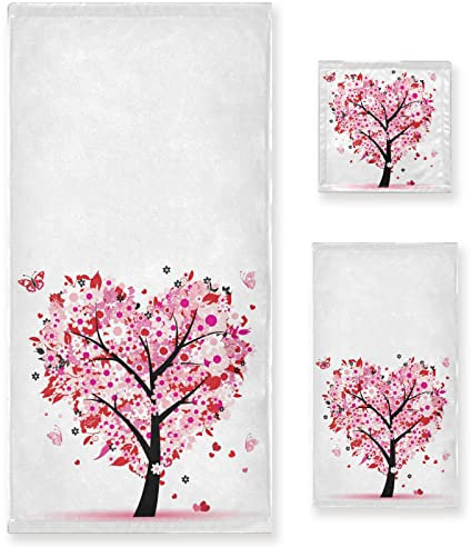 Rosa Blumen Herz Baum Handtücher Set von 3 Romantische Liebe Frühling Bäume Schmetterling Badezimmer Handtuch Weich Saugfähig Badhandtücher Waschlappen Gästetücher Sets Muttertag Valentinstag