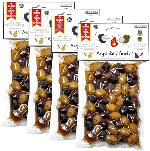 4er-Pack pikante gemischte Oliven im Vakuum, Kalamon und grüne Oliven mit rotem Paprika, frisch versiegelte Oliven mit nativem Öl extra 4X200g