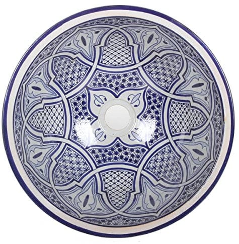Casa Moro Orientalisches handbemaltes Keramik Waschbecken Fes93 blau weiß rund | marokkanisches Handwaschbecken Aufsatzbecken Emaille Durchmesser 35 cm