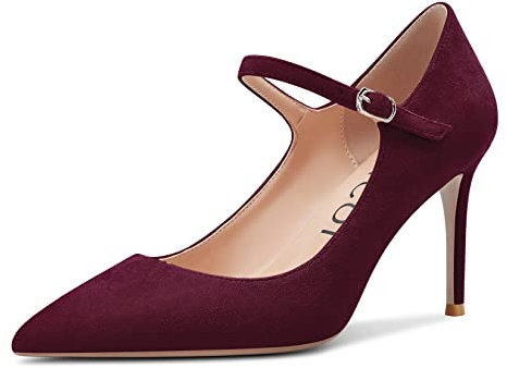 Aachcol Women Mary Jane Pumps Strap Court Shoe Stiletto Mid Heel Pointed Toe Dress Shoes Wedding Office Party Classic 8 CM Burgundy Wine Red Suede 6 UK